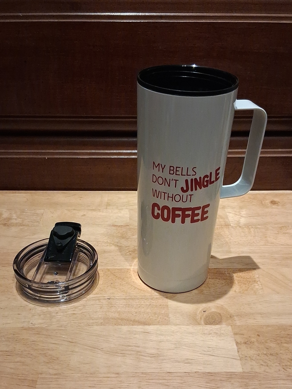 Travel Coffee Tumbler - White with Red Text